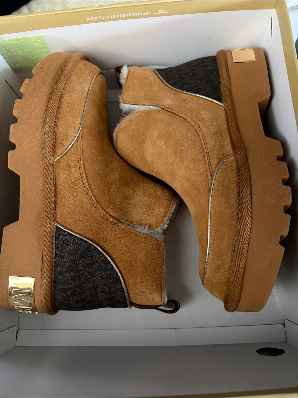 Michael Kors Chestnut Suede Platform Alfie Boots with Monogram Accents